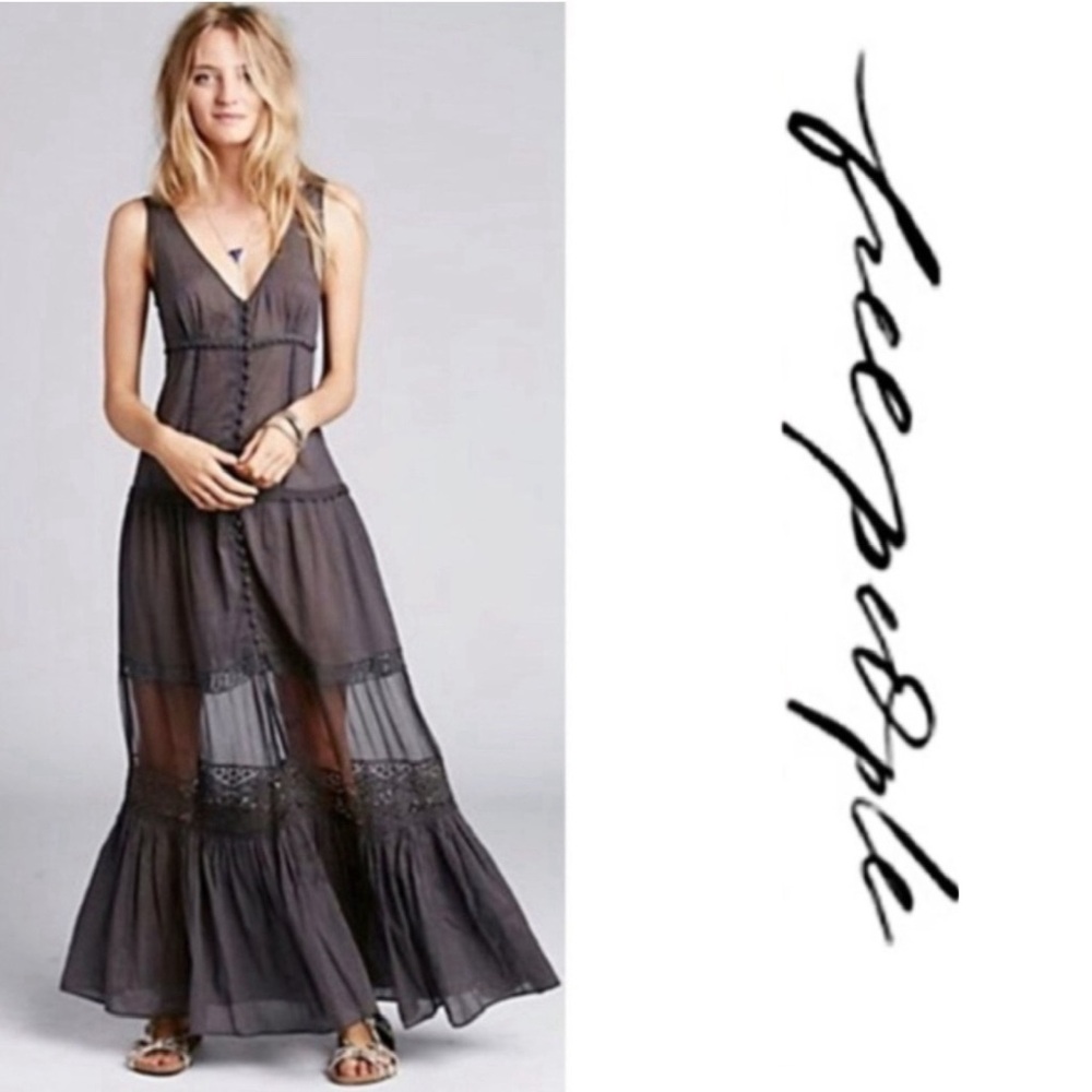 🌈🦋 HTF!! NWT Free People Victoria Button Front Maxi Dress in Carbon (S)🌈🦋